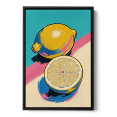 Lemon Kitchen Decor with Whole and Halved Lemons - Black Framed Canvas Wall Art - Front