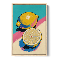 Lemon Kitchen Decor with Whole and Halved Lemons - Oak Framed Canvas Wall Art - Front