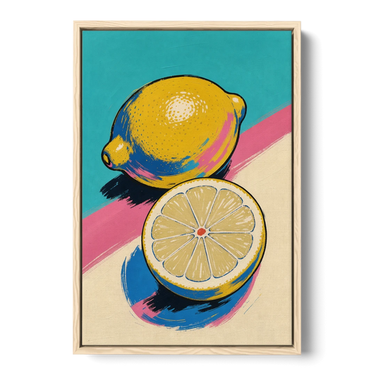 Lemon Kitchen Decor with Whole and Halved Lemons - Oak Framed Canvas Wall Art - Front