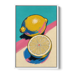 Lemon Kitchen Decor with Whole and Halved Lemons - White Framed Canvas Wall Art - Front