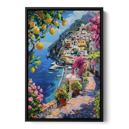 Lemon Tree Painting Above Positano - Black Framed Canvas Wall Art - Front