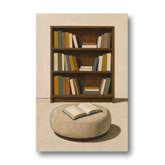 Library Wall Art with Walnut Bookcase and Pouf - Canvas Wall Art - Front