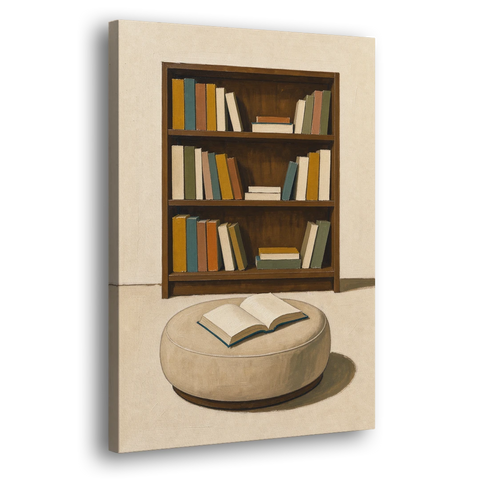 Library Wall Art with Walnut Bookcase and Pouf - Canvas Wall Art - Side