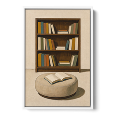 Library Wall Art with Walnut Bookcase and Pouf - White Framed Canvas Wall Art - Front