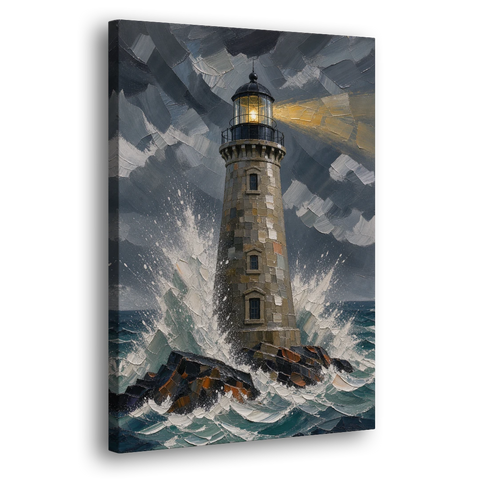 Lighthouse in Storm Painting - Canvas Wall Art - Side