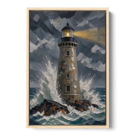 Lighthouse in Storm Painting - Oak Framed Canvas Wall Art - Front