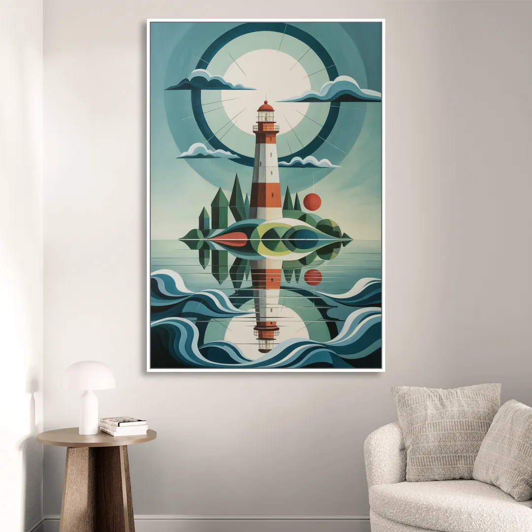 Lighthouse on the Island Living Room - White Canvas Wall Art