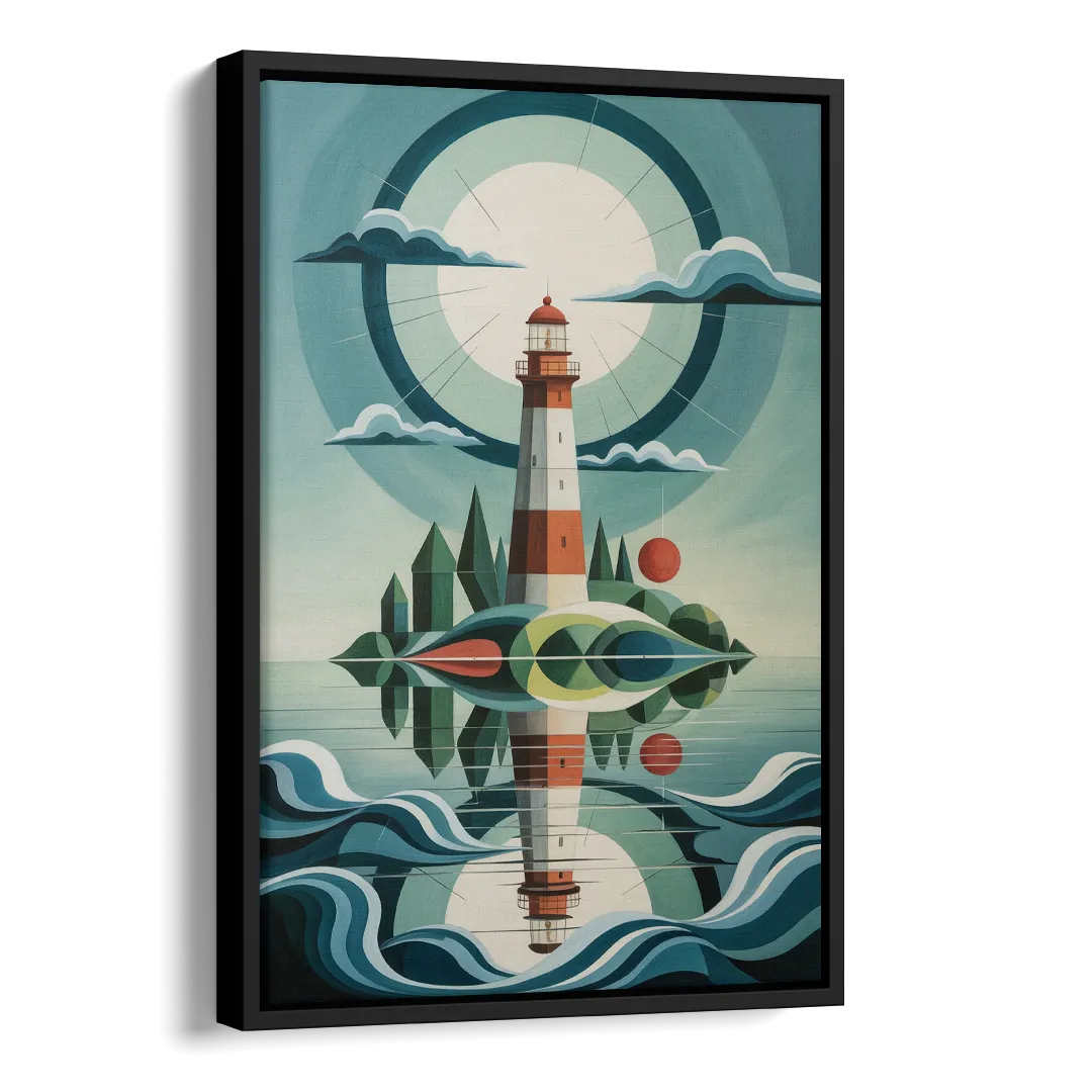 Lighthouse on the Island Side - Black Canvas Wall Art