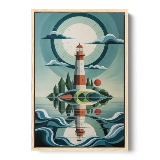 Lighthouse on the Island - Oak Framed Canvas Wall Art - Front
