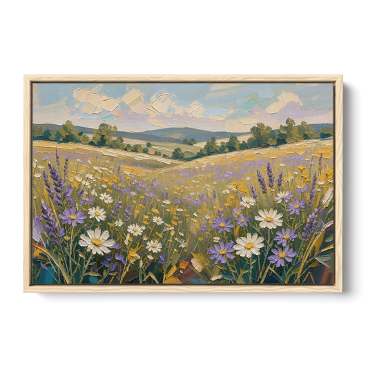 Lilac Asters in a Summer Meadow for the Bedroom - Oak Framed Canvas Wall Art - Front