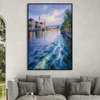 Limmat River Serenity Living Room - Black Canvas Wall Art