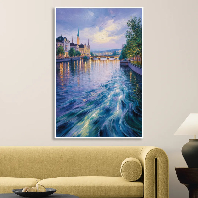 Limmat River Serenity Living Room - White Canvas Wall Art