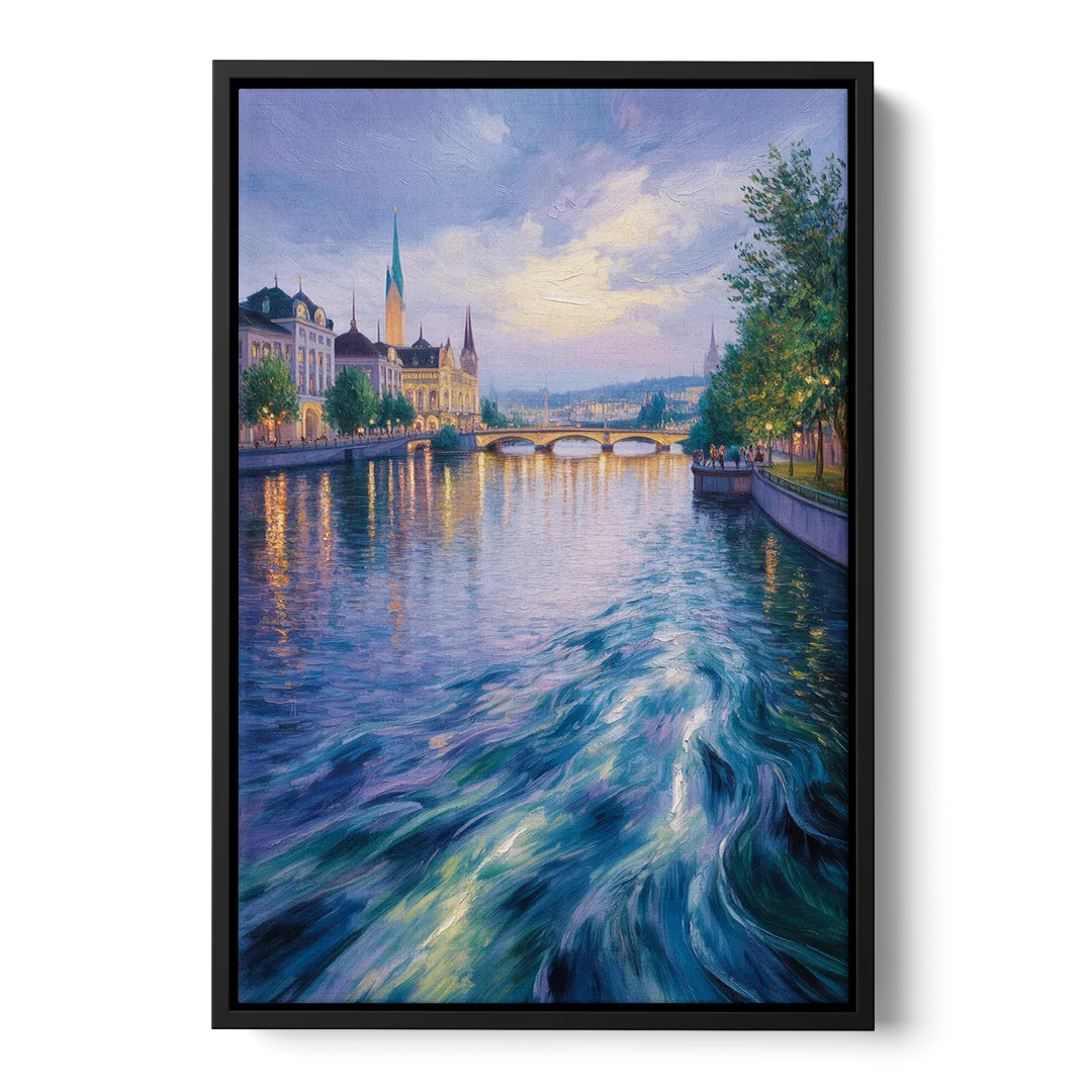 Limmat River Serenity Front - Black Canvas Wall Art