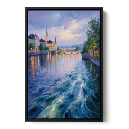 Limmat River Serenity Front - Black Canvas Wall Art