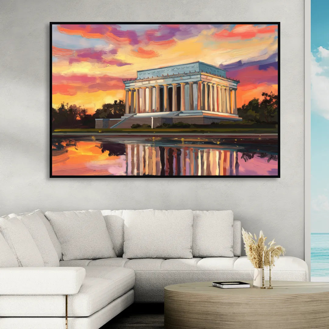 Lincoln Memorial Sunset Sitting Room - Black Canvas Wall Art