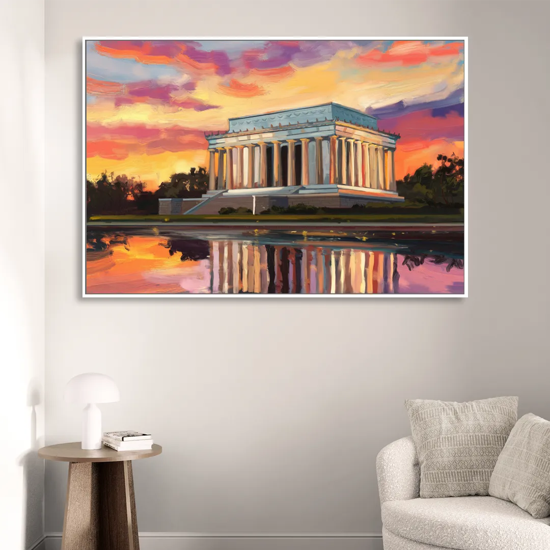 Lincoln Memorial Sunset Living Room - White Canvas Wall Art