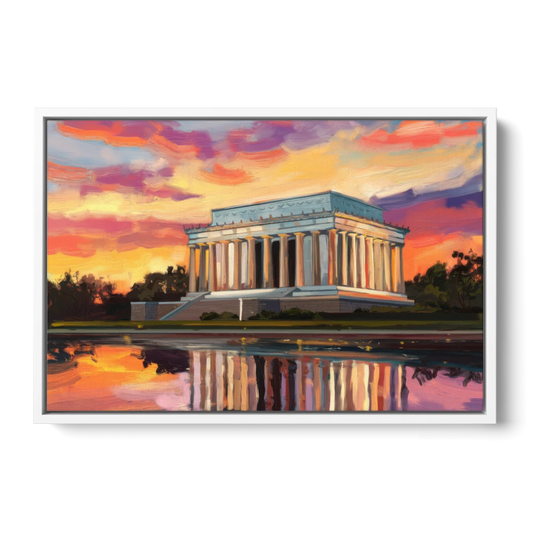 Lincoln Memorial Sunset - White Framed Canvas Wall Art - Front
