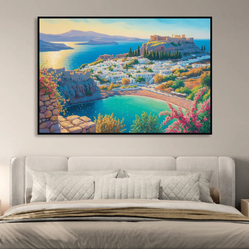 Lindos Views Living Room - Black Canvas Wall Art