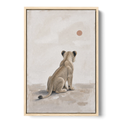 Lion Cub Gazing at a Low Pale Sun - Oak Framed Canvas Wall Art - Front
