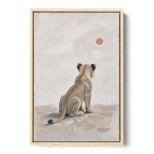 Lion Cub Gazing at a Low Pale Sun - Oak Framed Canvas Wall Art - Front