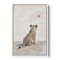 Lion Cub Gazing at a Low Pale Sun - White Framed Canvas Wall Art - Front
