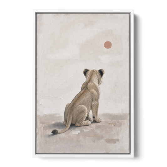 Lion Cub Gazing at a Low Pale Sun - White Framed Canvas Wall Art - Front