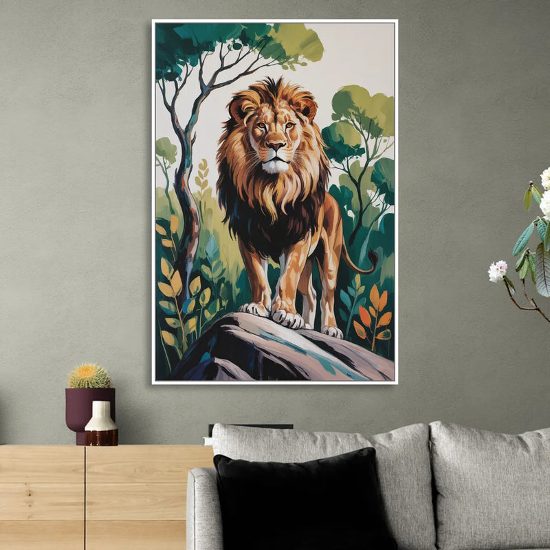 Lion in Harmony Living Room - White Canvas Wall Art