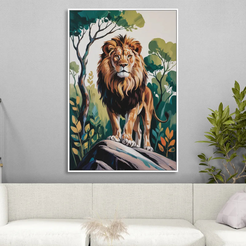 Lion in Harmony Sitting Room - White Canvas Wall Art