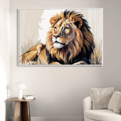 Lion in Thought Living Room - White Canvas Wall Art