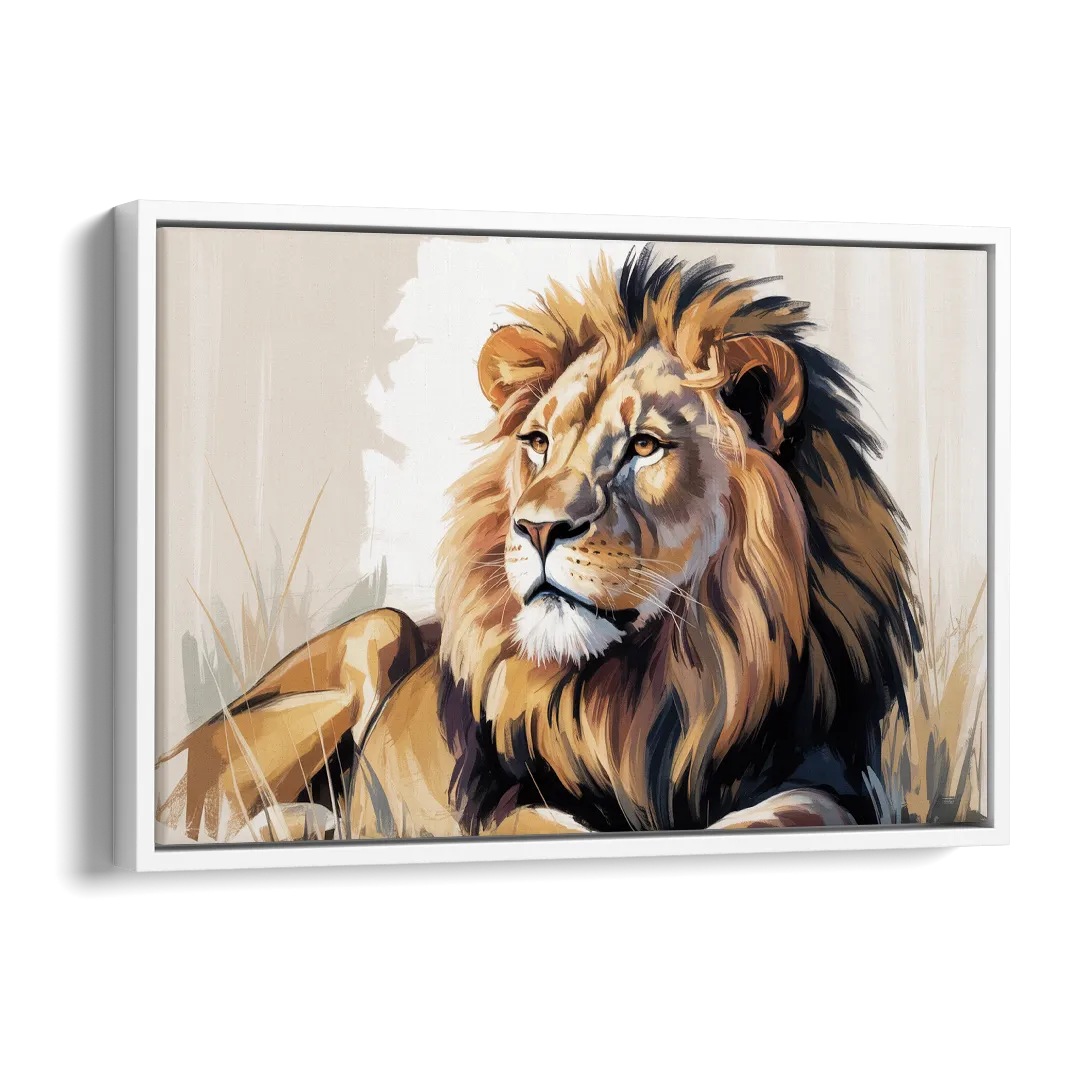Lion in Thought Side - White Canvas Wall Art