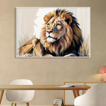 Lion in Thought Sitting Room - White Canvas Wall Art