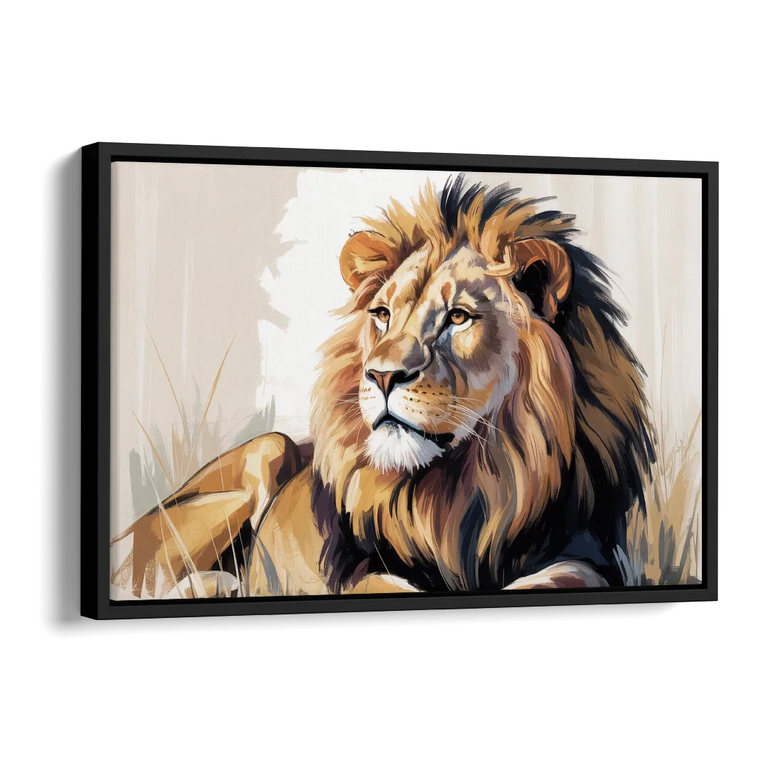Lion in Thought Side - Black Canvas Wall Art