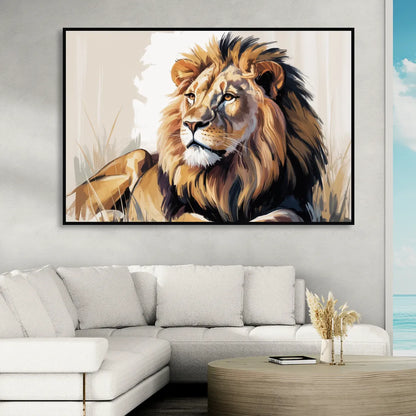 Lion in Thought Sitting Room - Black Canvas Wall Art