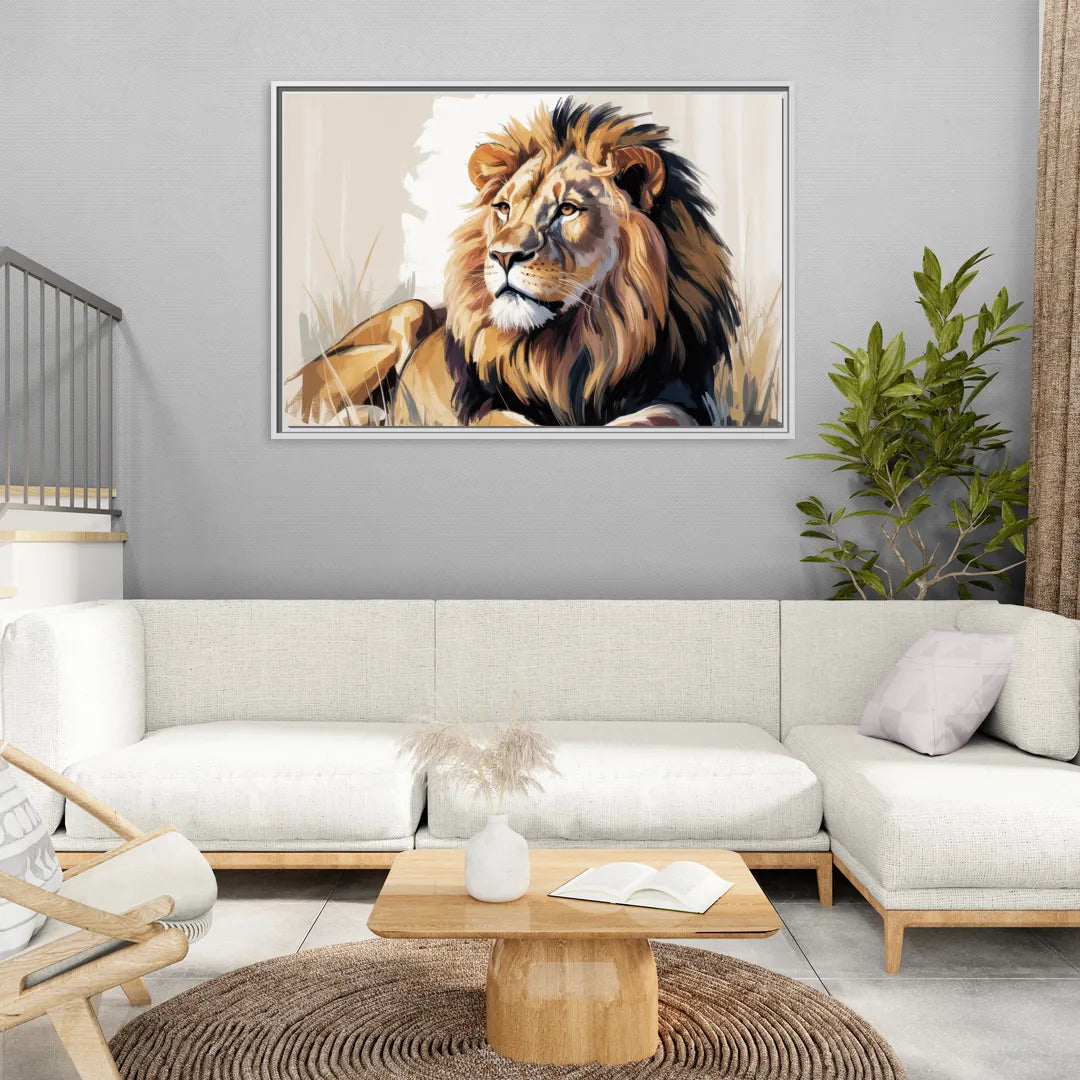 Lion in Thought - Living Room White Frame Canvas