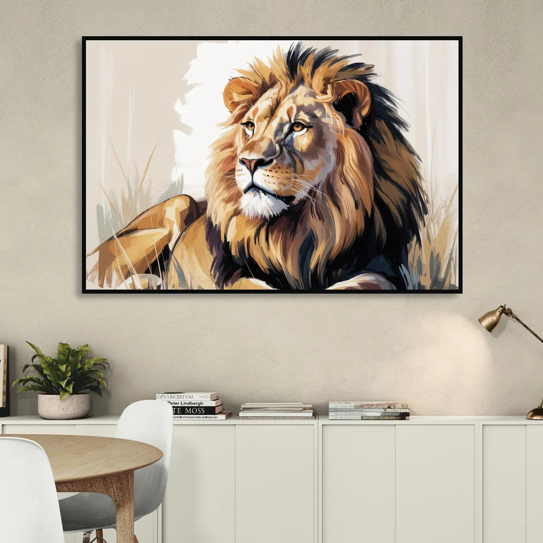 Lion in Thought Living Room - Black Canvas Wall Art