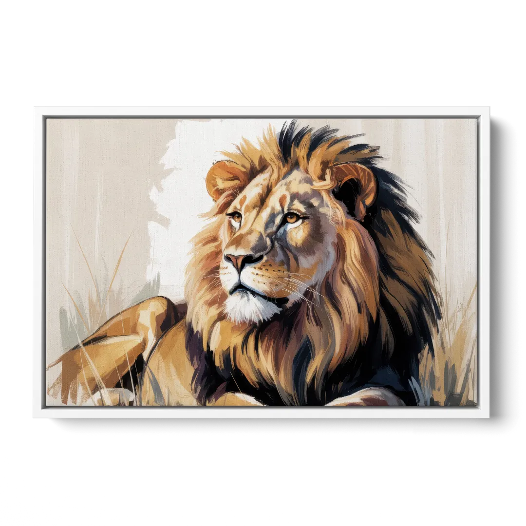Lion in Thought - White Frame Canvas