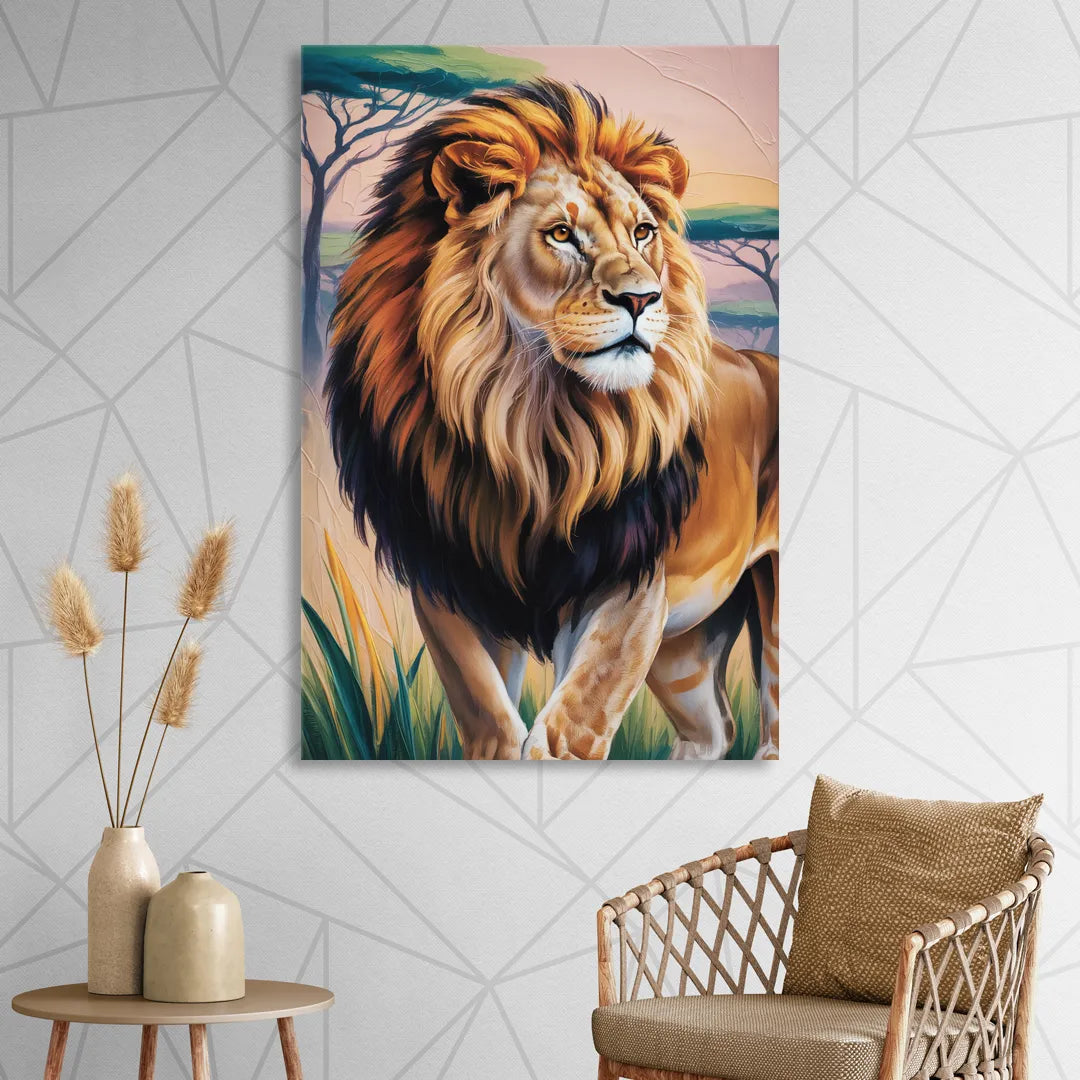 Lion in Tribal Art Sitting Room - Canvas Wall Art