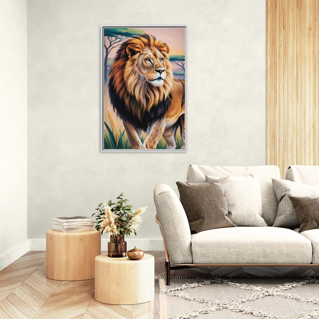 Lion in Tribal Art - Living Room White Frame Canvas