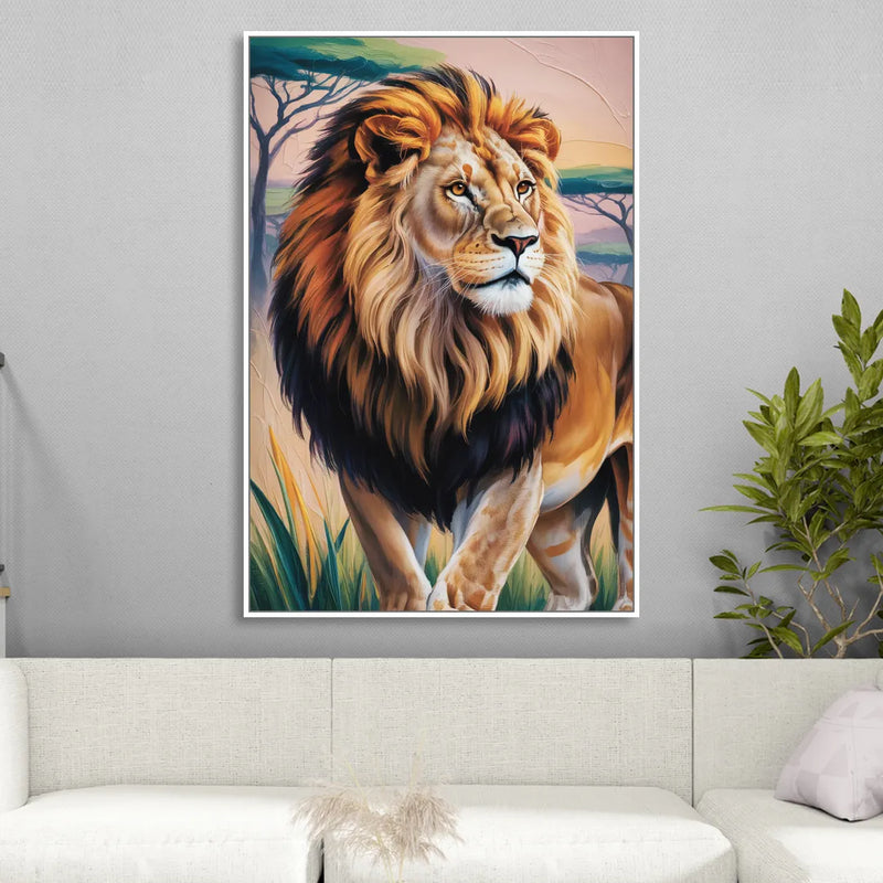 Lion in Tribal Art Living Room - White Canvas Wall Art