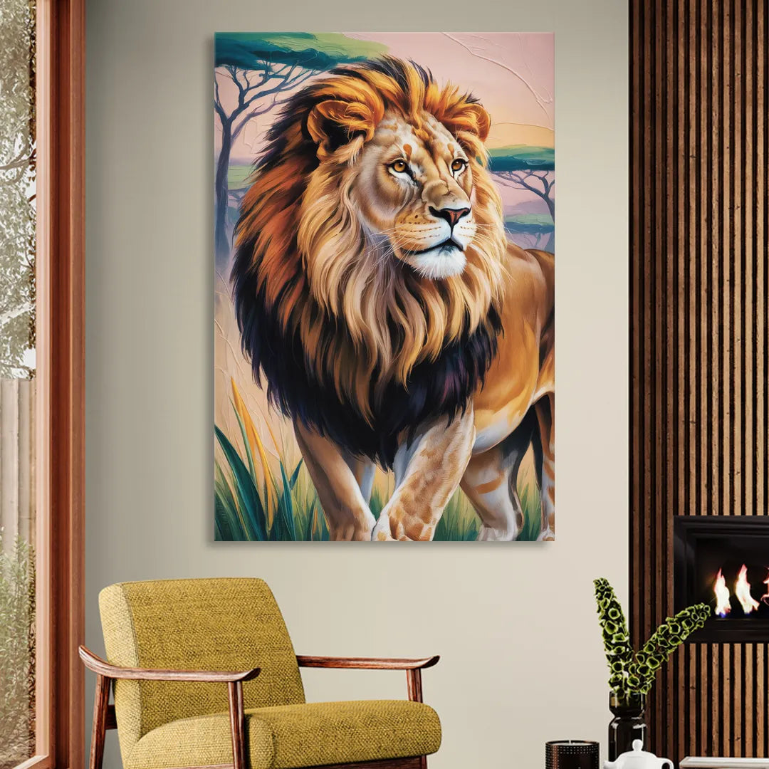 Lion in Tribal Art Living Room - Canvas Wall Art