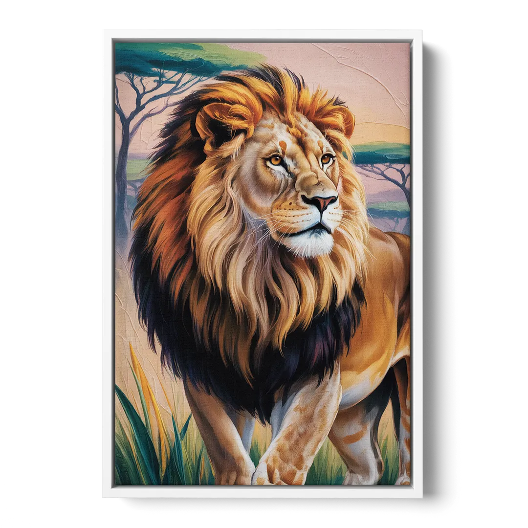 Lion in Tribal Art - White Frame Canvas