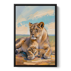 Lioness Guarding Her Sleeping Cub - Black Framed Canvas Wall Art - Front