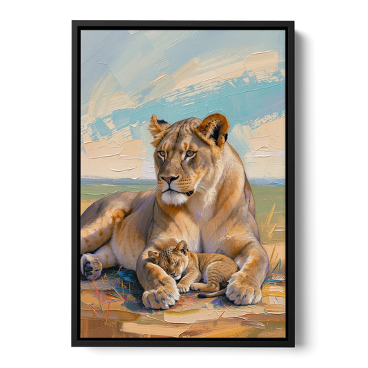 Lioness Guarding Her Sleeping Cub - Black Framed Canvas Wall Art - Front