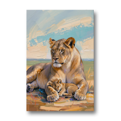 Lioness Guarding Her Sleeping Cub - Canvas Wall Art - Front