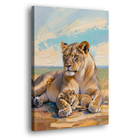 Lioness Guarding Her Sleeping Cub - Canvas Wall Art - Side