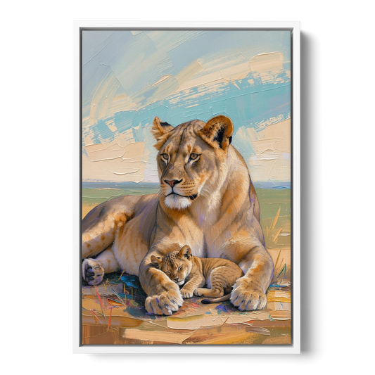 Lioness Guarding Her Sleeping Cub - White Framed Canvas Wall Art - Front