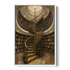 Literary Wall Art Spiral Staircase in the Library - White Framed Canvas Wall Art - Front