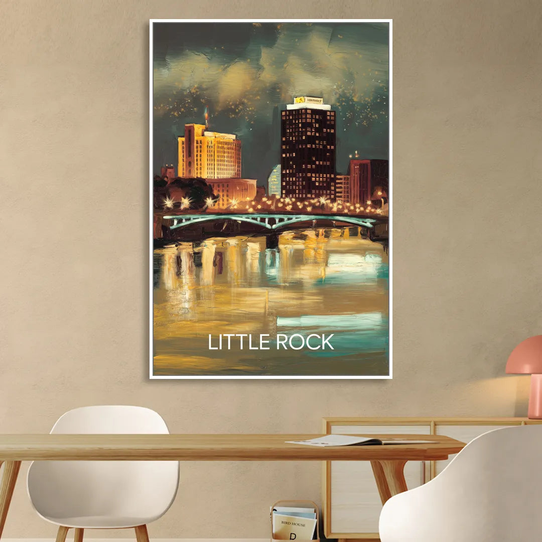 Little Rock Nighttime Skyline Sitting Room - White Canvas Wall Art