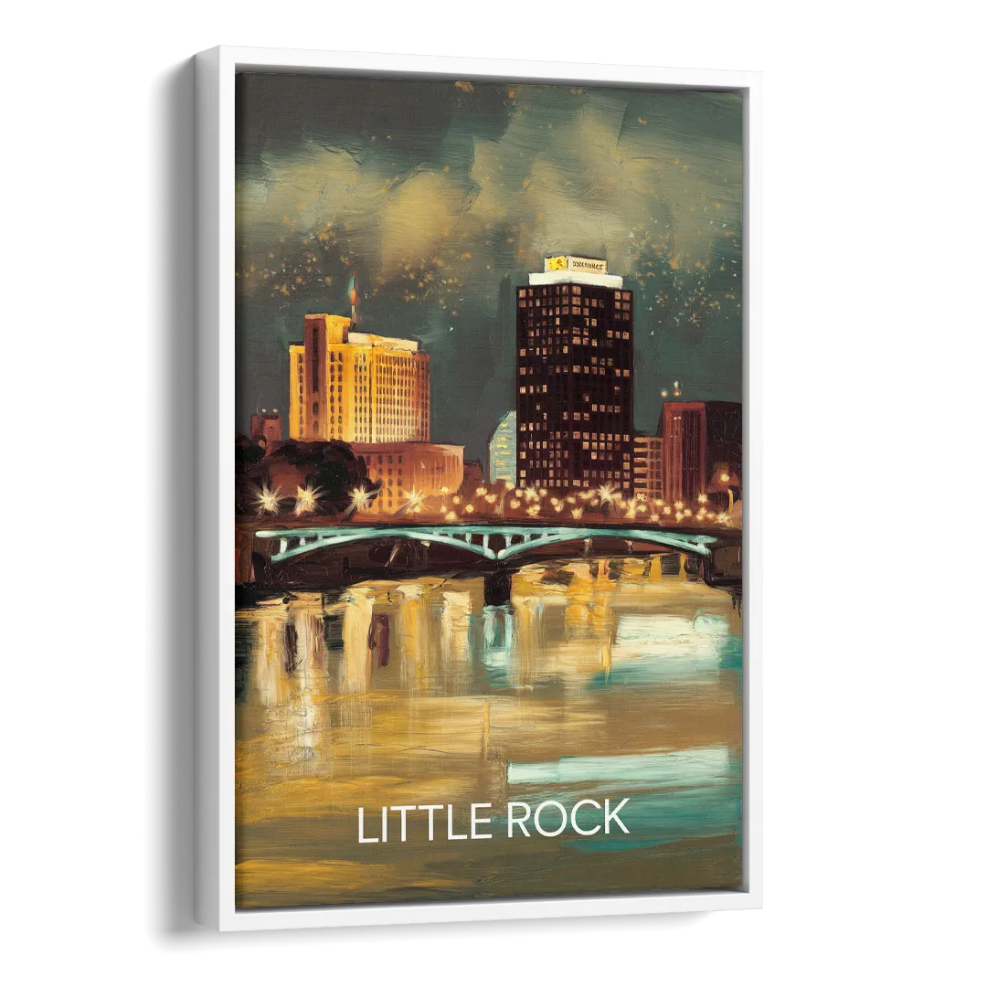 Little Rock Nighttime Skyline Side - White Canvas Wall Art