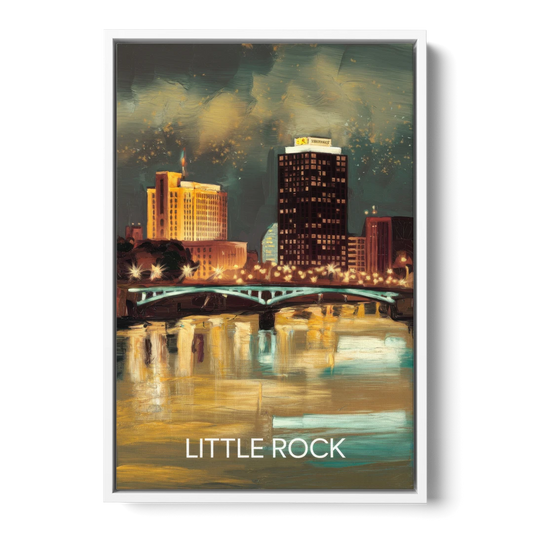 Little Rock Nighttime Skyline - White Framed Canvas Wall Art - Front
